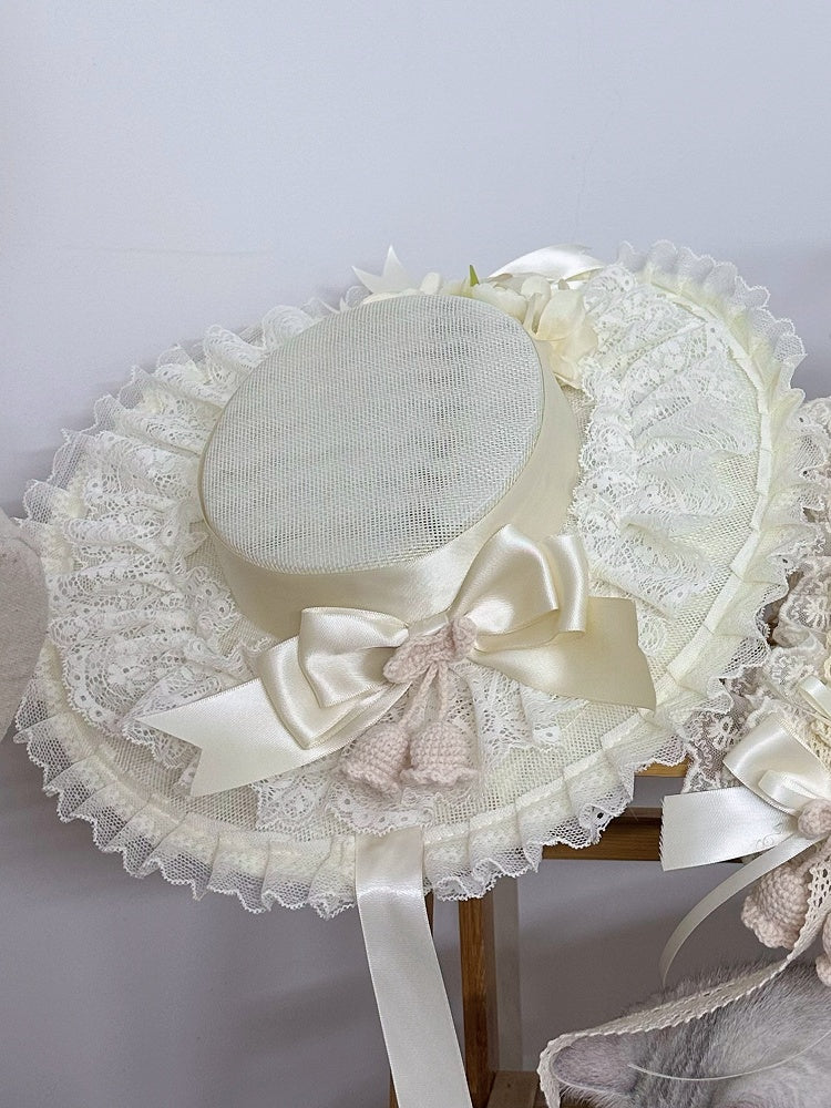 the Lily Mesh Valley Beige Lolita Big Crocheted Bowknot Lace Hat Flat of