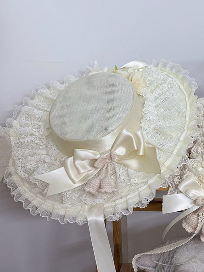 the Lily Mesh Valley Beige Lolita Big Crocheted Bowknot Lace Hat Flat of