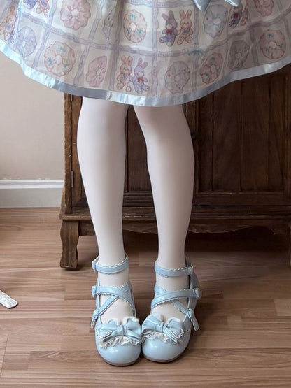 Plush Mary Bow Bear Hem Ear Blue PU Janes Decorative Low-heel Lolita in Scalloped Sweet