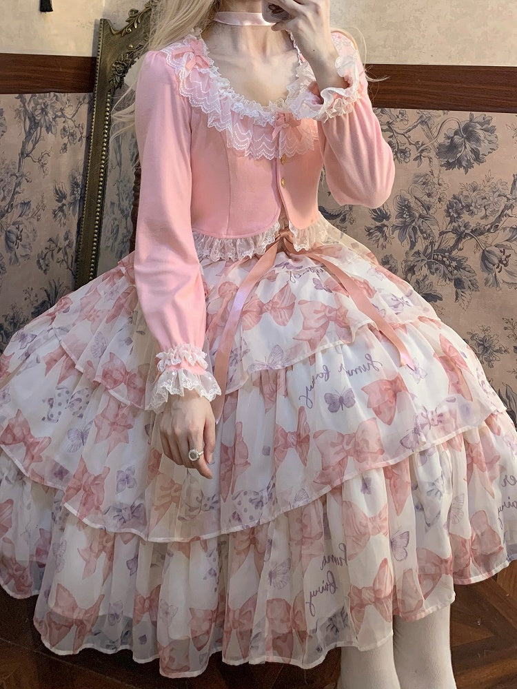 Cropped Pink Cardigan Triple with Edging Lace Bow-Detailed Cute Design