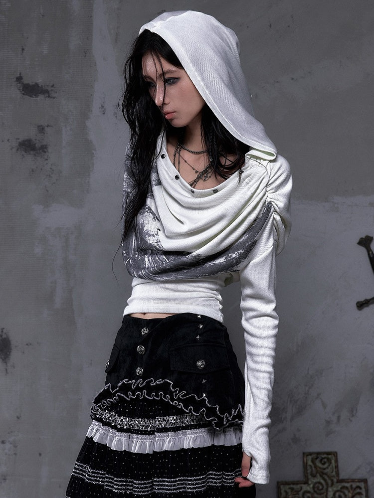 Studded Hoodie Neck Beige Punk Wing Off-Shoulder Wasteland Cowl Convertible with Design Print