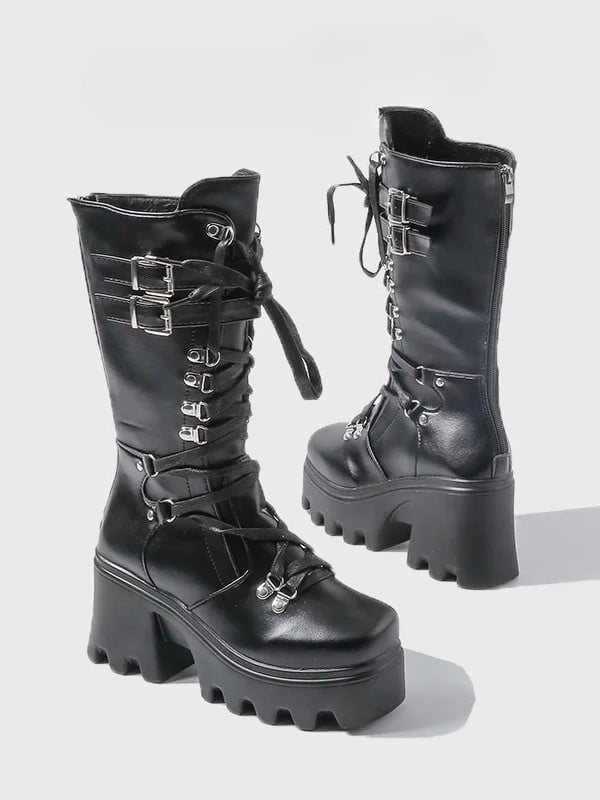 Chunky Black Closure Boots - Heel Mid-Calf with Gothic Buckle Matte Triple System Ornate