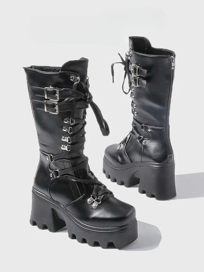 Chunky Black Closure Boots - Heel Mid-Calf with Gothic Buckle Matte Triple System Ornate
