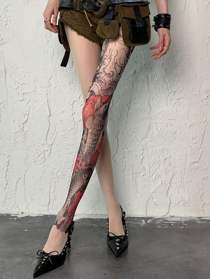 Design Fashion Asymmetrical Gyaru Tattoo Tights Nude Print Fish