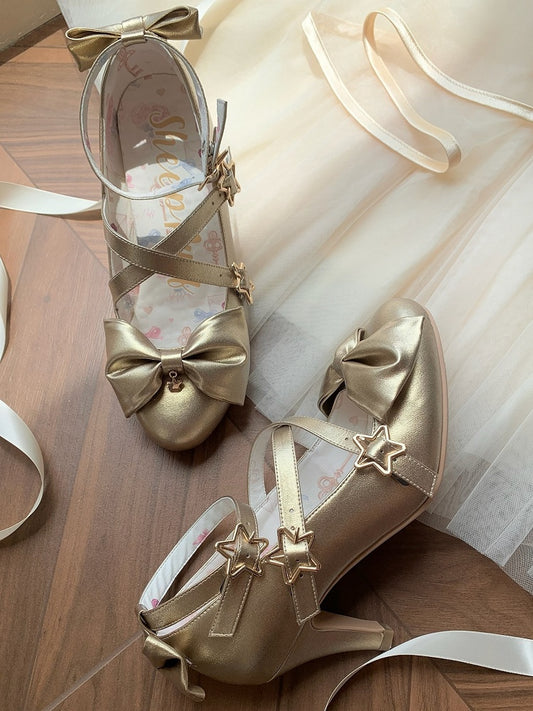 Top Bow at Sweet Starry Golden High-heel Lolita Shoes Buckles