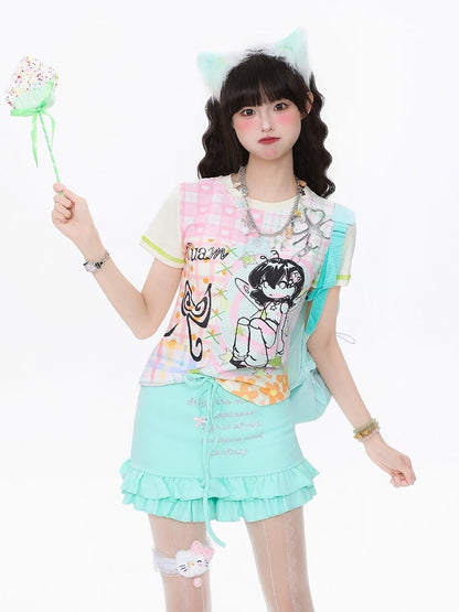 Slim-Fit T-shirt with Pink Cartoon Girl Print Blue/Apricot Plaid Patchwork