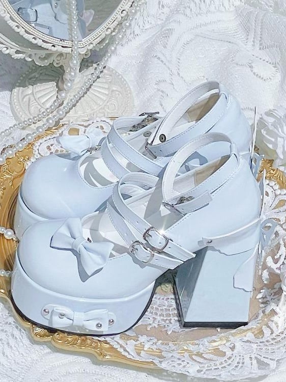 Design Bowknot High Block Lolita Stud Shoes Blue Heels Light Platform Butterfly