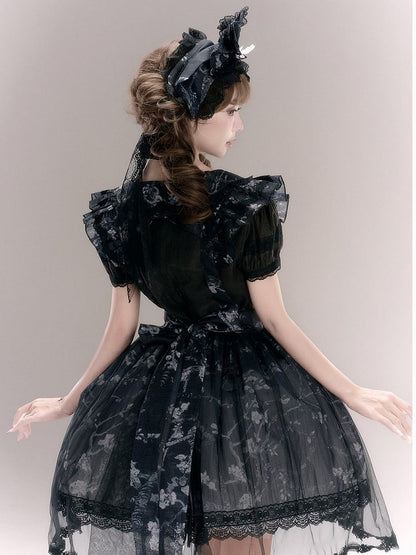Black Floral Embroidery Flutter Sleeve Lace Trim Lolita Overlay Dress with Bow - Yimu Walnut