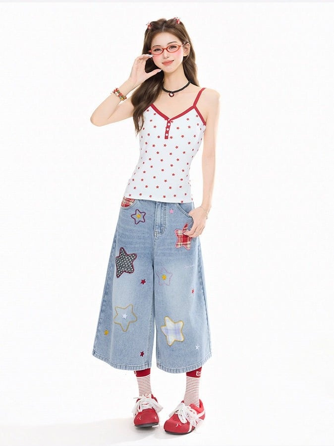 Cute Light Blue Cropped Wide-Leg Denim with Star Patches - Rayohopp