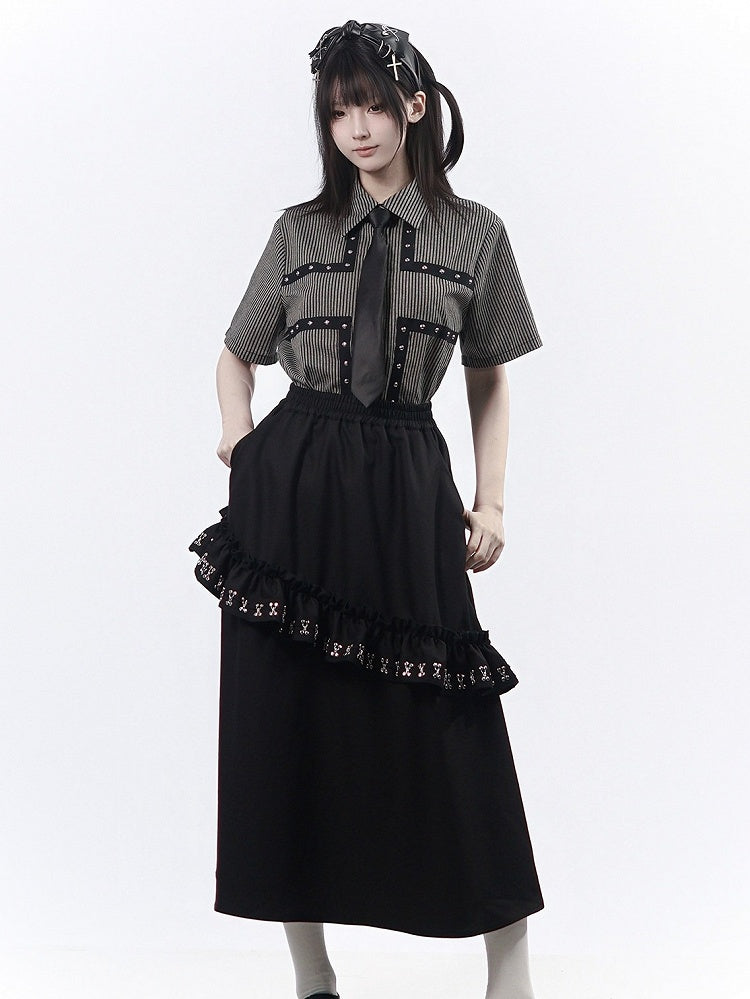 Black Asymmetric Ruffle-Trimmed Long Skirt - PINK SAVIOR