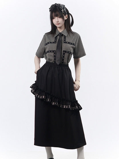 Black Asymmetric Ruffle-Trimmed Long Skirt - PINK SAVIOR