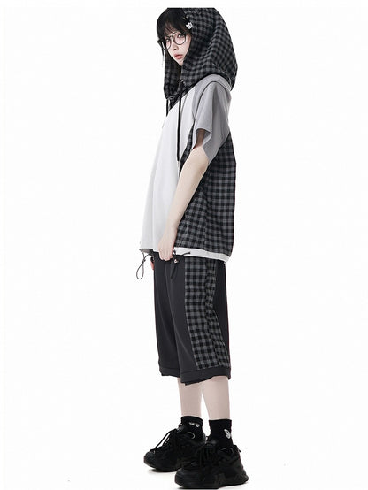 Wear Ways Zip Cuffs Techwear Zwei Hosen/Shorts Schwarz kariert mit Druckknopfgürtel