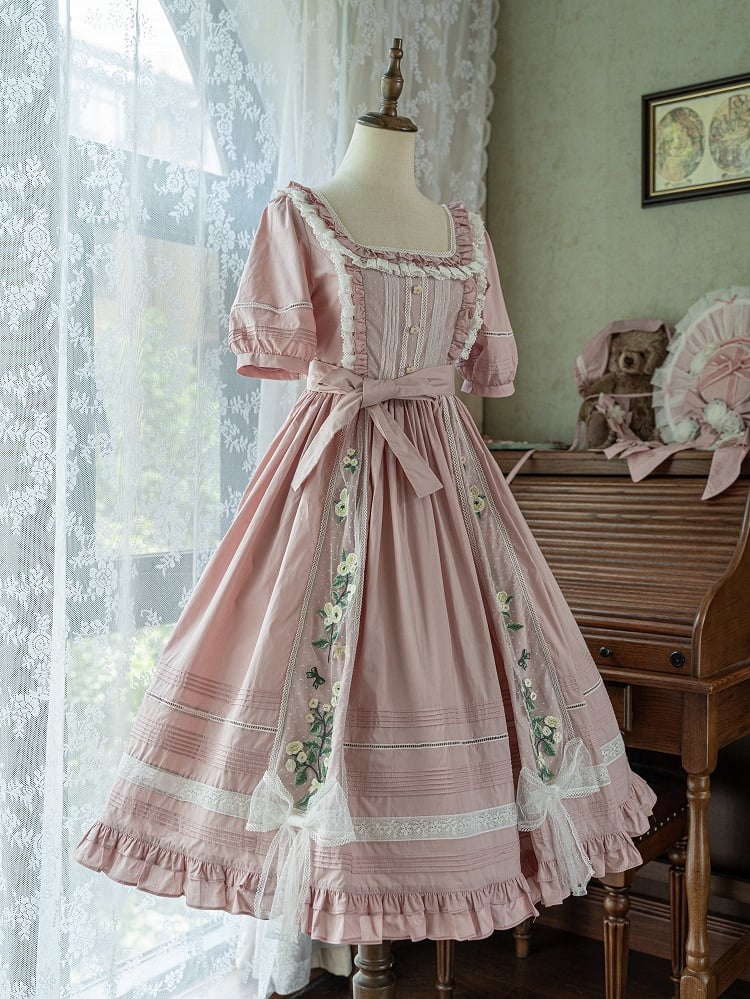 Dress Embroidery Lolita Jasmine Square Neckline Pink Cotton