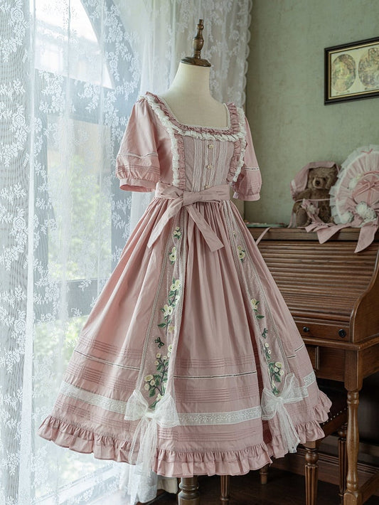 Kleid Stickerei Lolita Jasmine Quadratischer Ausschnitt Rosa Baumwolle