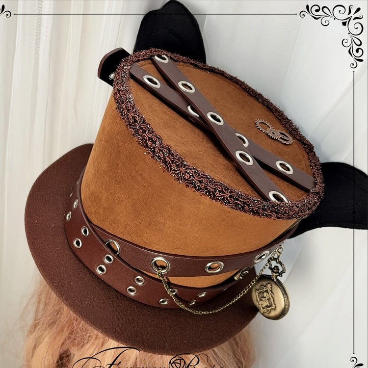 Details Watch Decorated Hat Steampunk Gear Brown Ear Bunny Chain Pocket Lolita