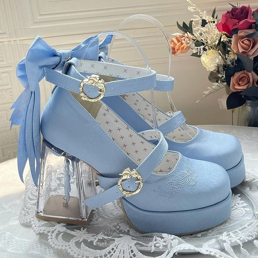 Satin Blue Platform High-Heel Mary Janes with Goldfish Charm - Floating Dream Realm