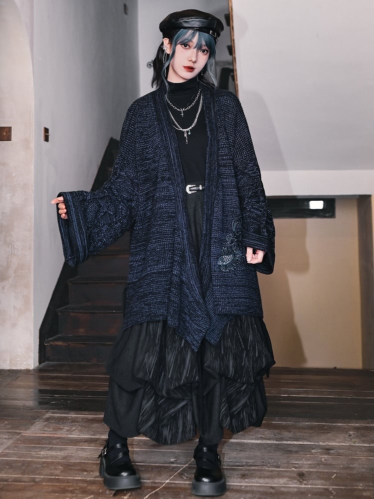 Design Navy Collar Cheongsam Goth Cardigan Self-tie Goldfish Embroidery - Crossover Strap