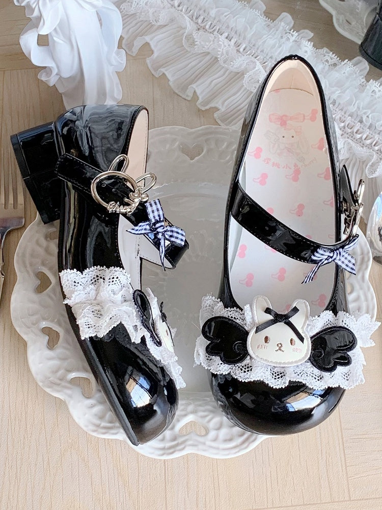 Wings Motif Decor Sweet Rabbit Lolita Black Bunny Themed Shoes with