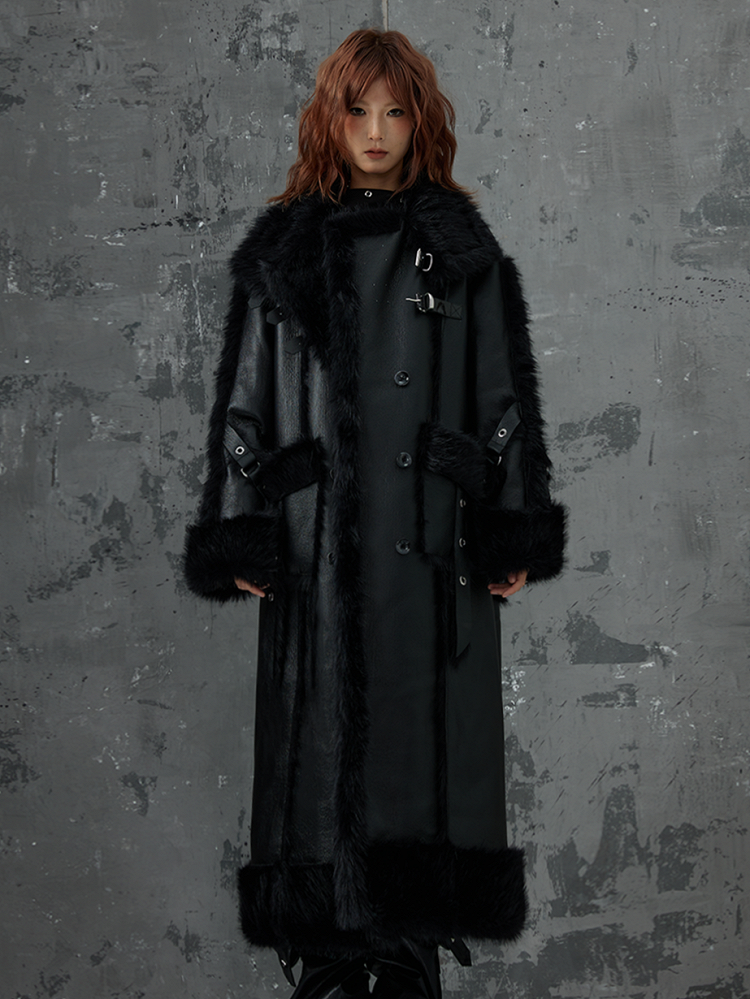 Buckles Metal Accents Fur Black Punk Coat Leather With Faux