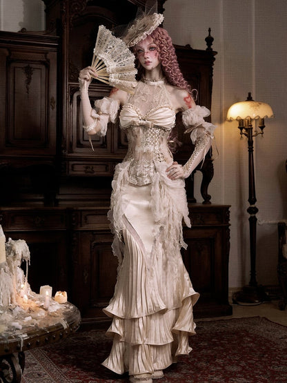 Cascading Halter Lace Ruffle Illusion Detachable Accents Rococo Top Corset with Neck