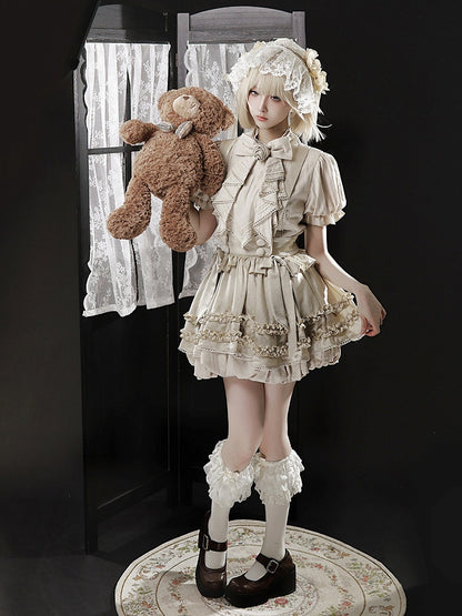 Bow and Ruffle Detail Bubble Skirt with Cross Straps in Beige - Unknown Star