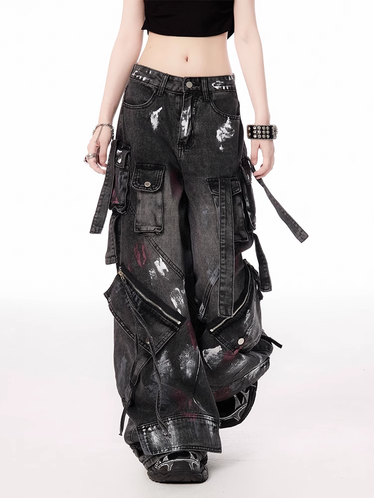 Details Jeans Reißverschluss Spray Paint Print Taille Weites Bein Cargo Schwarz Niedrig