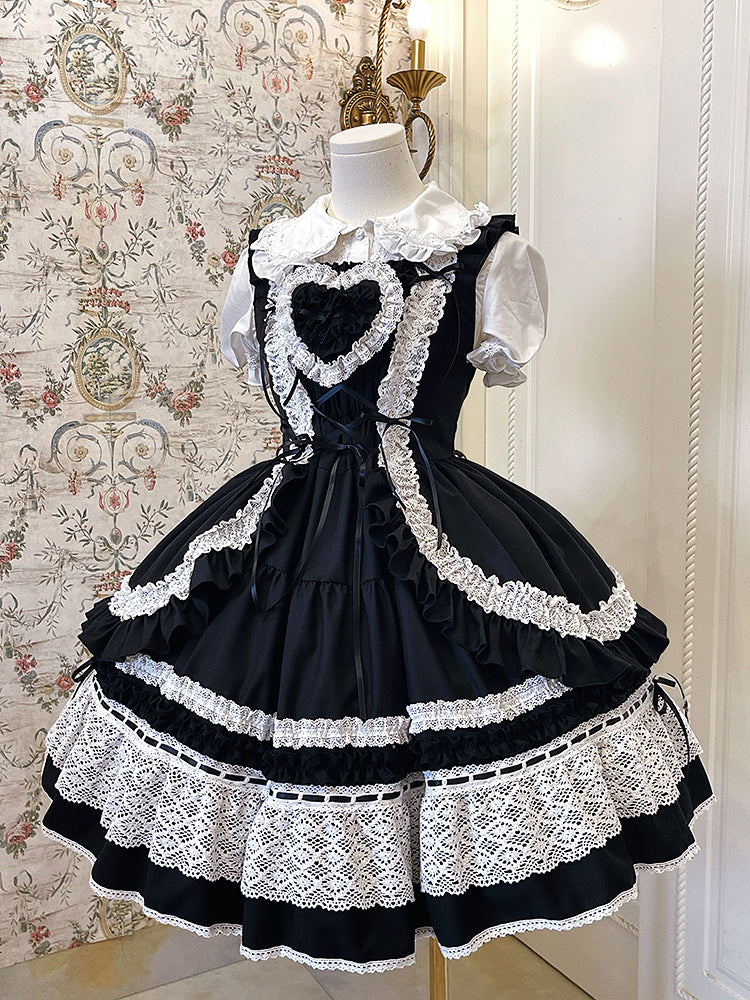 古いボディスドレス 取り外し可能な黒のロリータパッド入りスカートジャンパー スクールハート