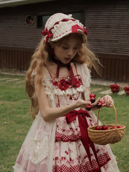 Beige and Red Flower Decorated Flat Hat