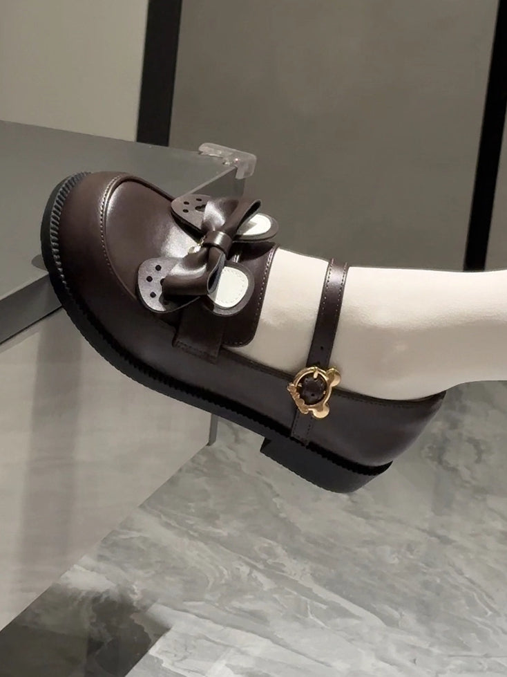 Bow Brown Matte Bear-shaped Shoes and Removable Bear Preppy Ear PU Style in Low-heel Leather Fastener
