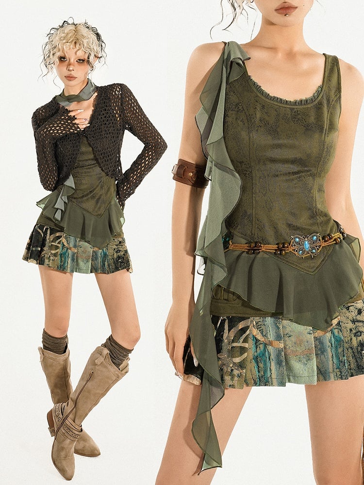 Sleek Tulle Asymmetrical Top Triangular Ruffles Green with Tank Cascading Hemline