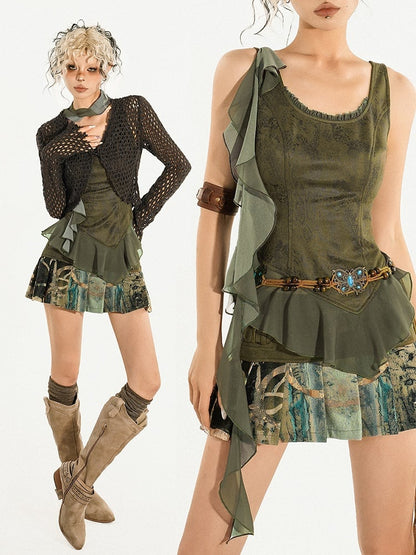 Sleek Tulle Asymmetrical Top Triangular Ruffles Green with Tank Cascading Hemline