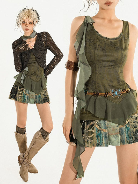 Sleek Tulle Asymmetrical Top Triangular Ruffles Green with Tank Cascading Hemline