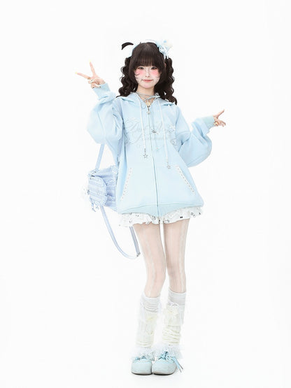 Accent with Bow Hoodie Letter Blue/Black/Pink and Print Lace-Trimmed