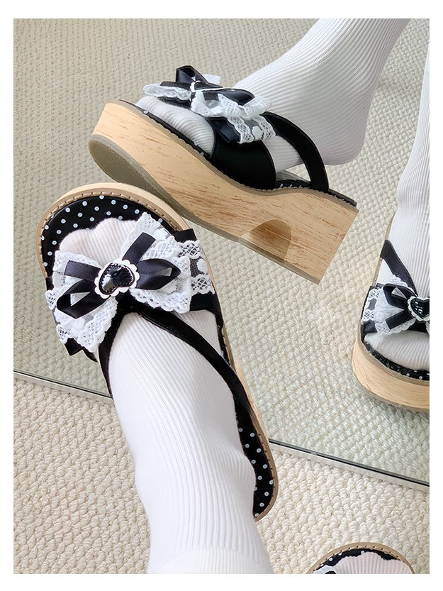 Bow Wa Heart Schwarz Weiß Applikation Lolita Bequeme Spitzenpantoffeln - Beschnitten