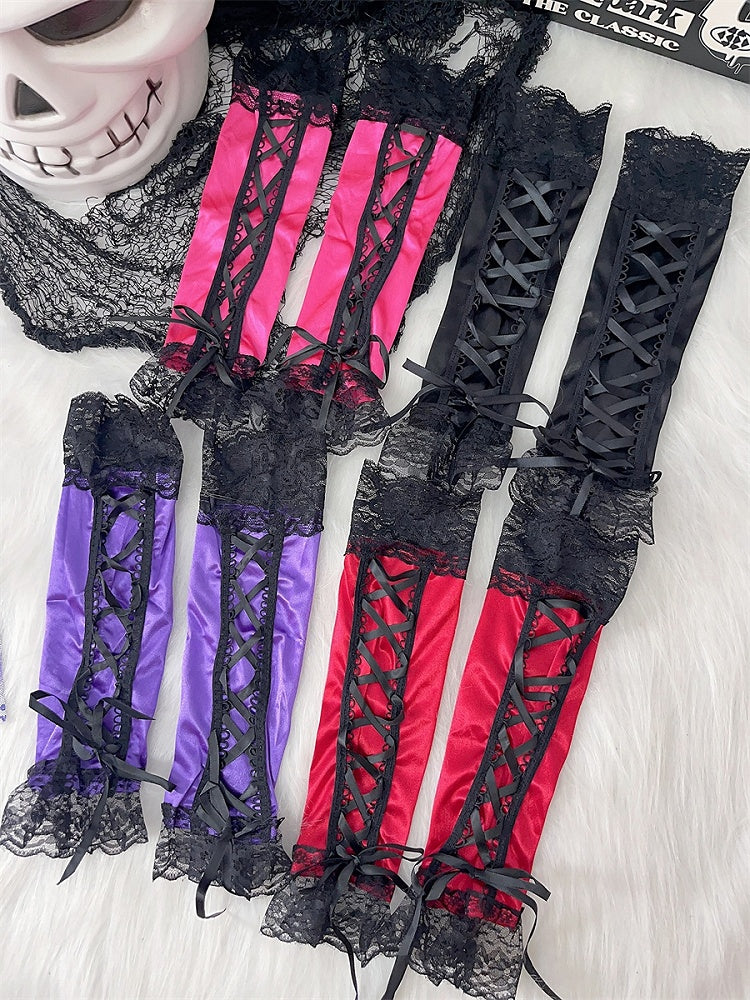 Spitze Y2K Ärmel Schnürbesatz Pink/Schwarz/Lila/Rot Glamouröses Detail