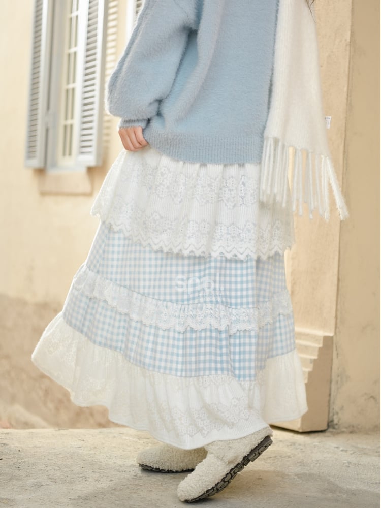Blue and White High-Waisted Lace Patchwork Plaid Mori Kei Skirt