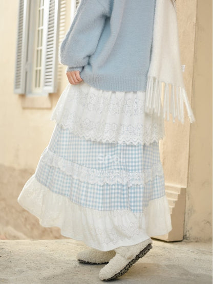 Blau-weißer Mori Kei-Rock mit hoher Taille und Patchwork-Karomuster