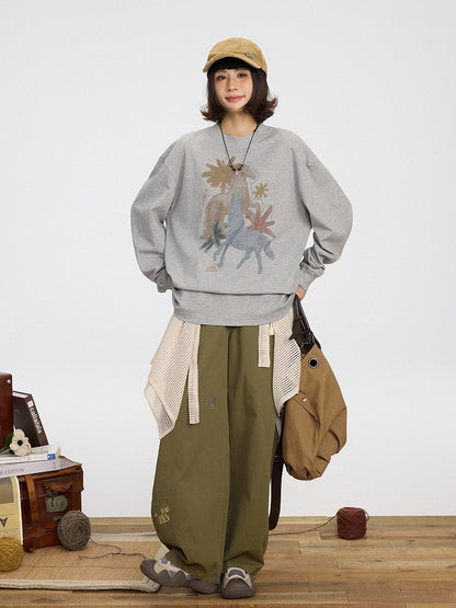 Wide-leg Embroidery Pants Cute Green Cut Vintage