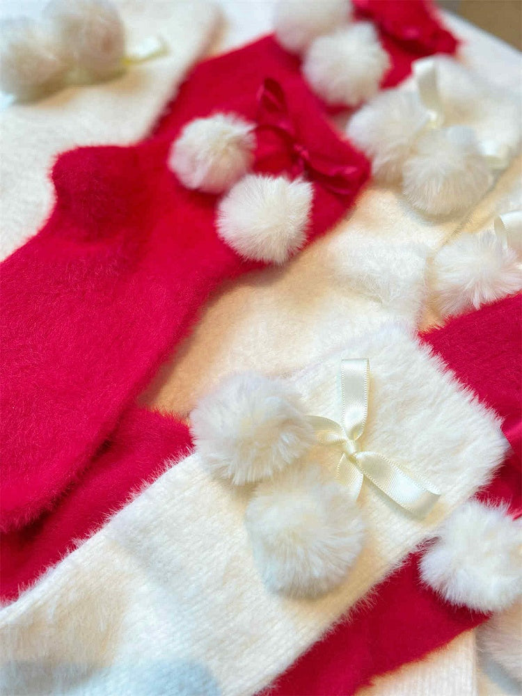 6 Optionen Rot/Weiße Knöchel-/Wadensocken mit Schleifen-Pompons