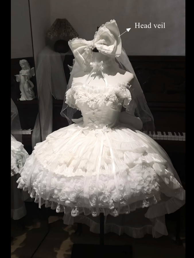 Blooming Layered Jacquard Hime Lolita Dress – Basque Waist with Lace & Fluffy Flower Accents | Sheer Ocean