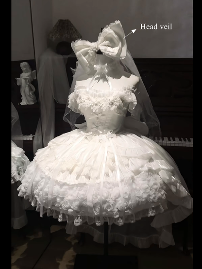 Blooming Layered Jacquard Hime Lolita Dress – Basque Waist with Lace & Fluffy Flower Accents | Sheer Ocean