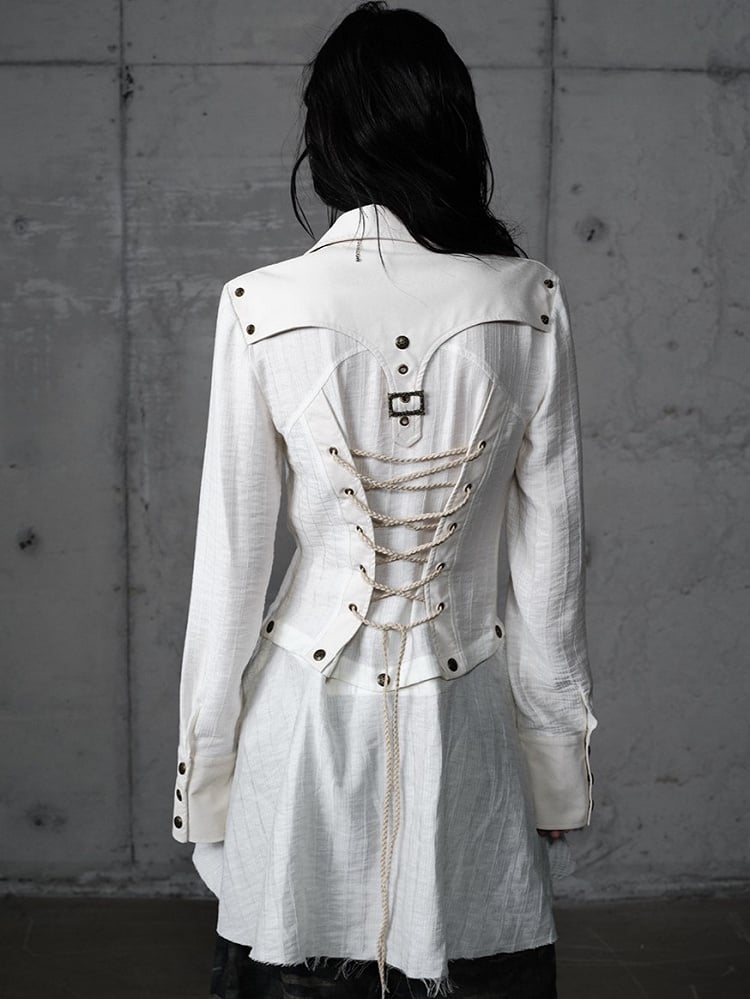 Punk Vintage Detachable Hem Patchwork White Back PU with Shirt Deconstructed