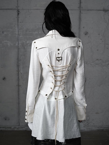 Punk Vintage Detachable Hem Patchwork White Back PU with Shirt Deconstructed