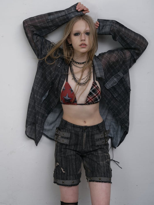 Star-Print Swimsuit Black Bikini with Punk Tie Set Plaid Details Red