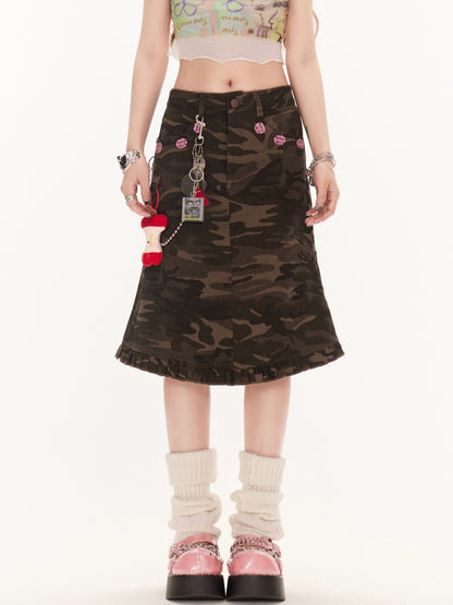 ウエストヴィンテージフリルヘムデニムマーメイドスカートカモロー