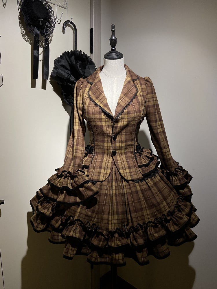 School Brown Blazer Old Notched Skirt Ruffled Plaid + - Lapel Lolita Set