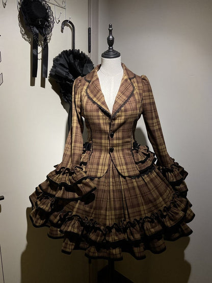 School Brown Blazer Old Notched Skirt Ruffled Plaid + - Lapel Lolita Set