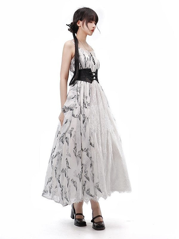 Tulip Dress+Cropped Set Top+Corset Lolita Black Elegant Classic Belt+Hairrband Full Pattern White