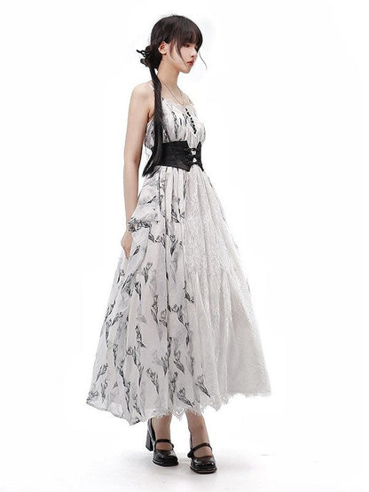 Tulip Dress+Cropped Set Top+Corset Lolita Black Elegant Classic Belt+Hairrband Full Pattern White