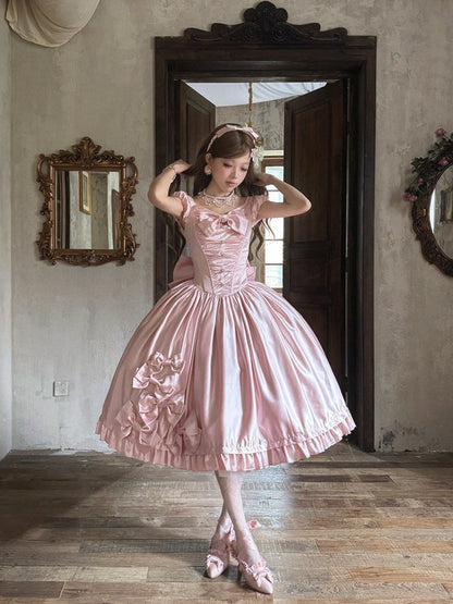 Soft Pink Lolita OP Dress with Satin, Lace and Butterfly Bowknot Details - Snow Lolita